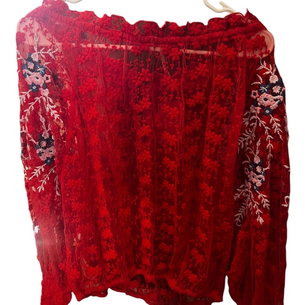 Free People Embroidered Red sheer jubilee top sz M - Picture 4 of 8